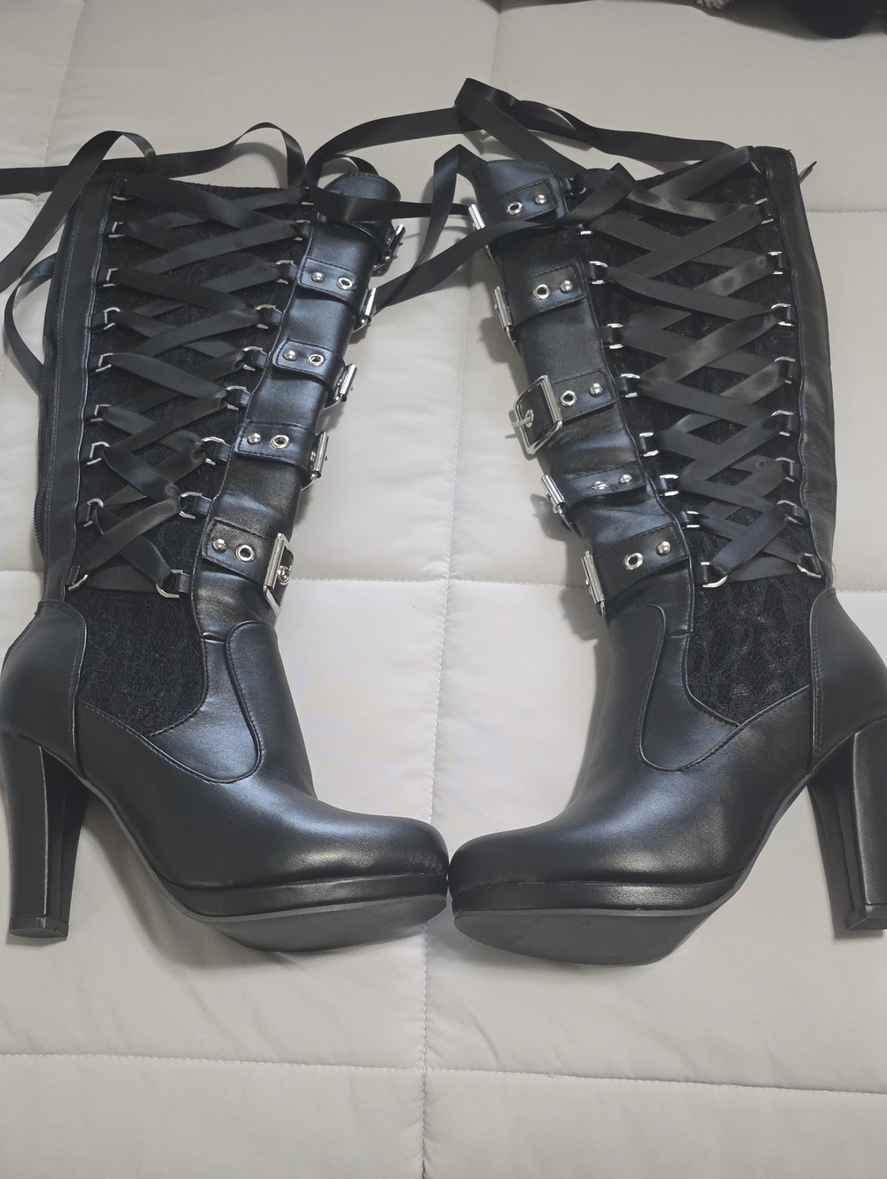 Black Lace-Up Buckle High-Heel Knee Boots